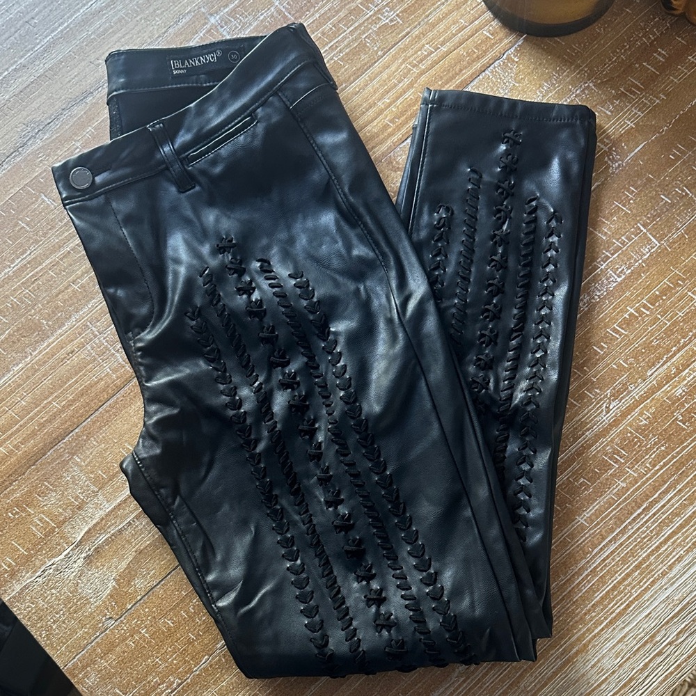 Blank NYC Black Skinny Leather Pants with Braided Detail